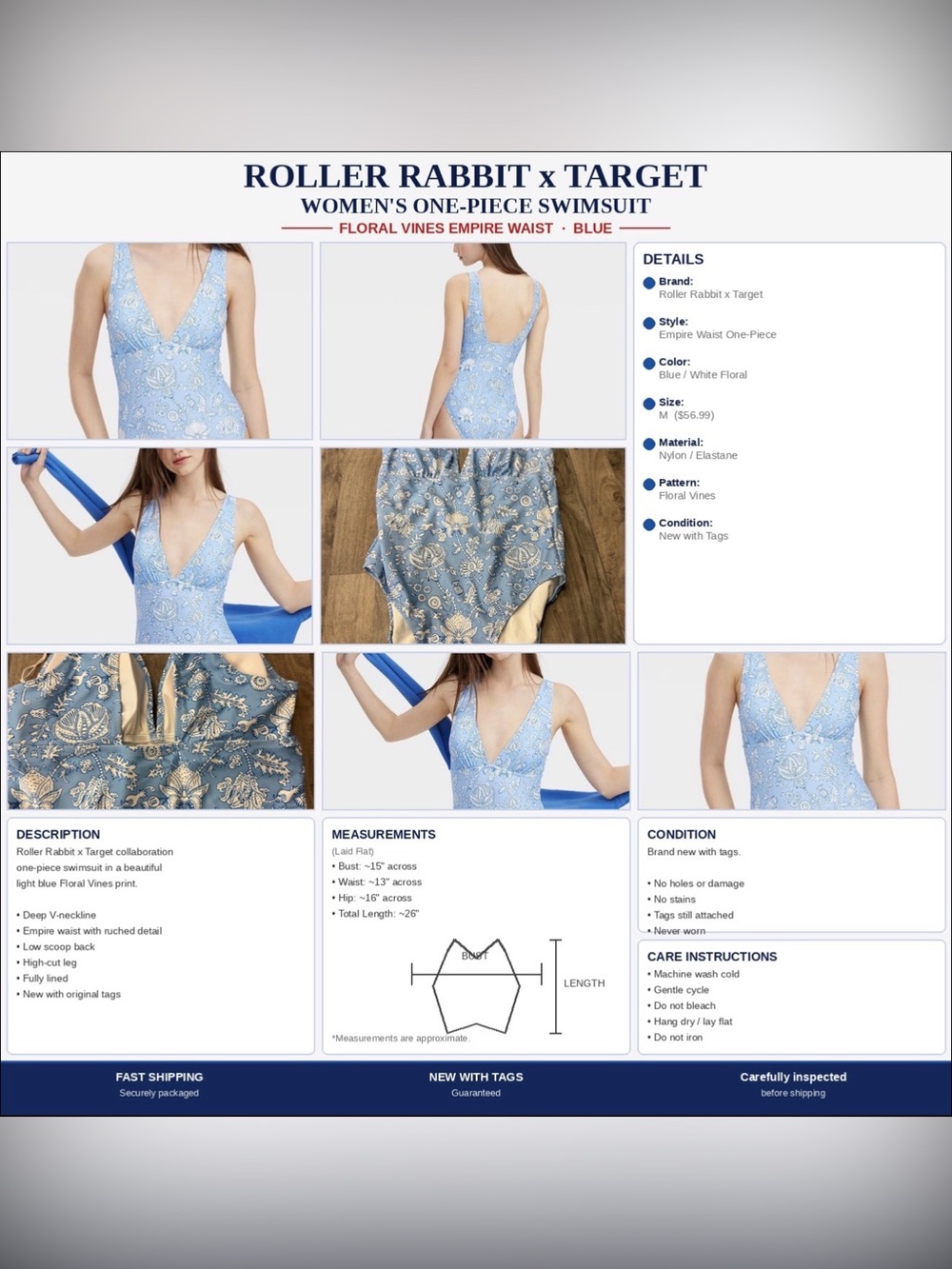 NWT Roller Rabbit x Target Floral Vines Empire Waist One-Piece Swimsuit Size M